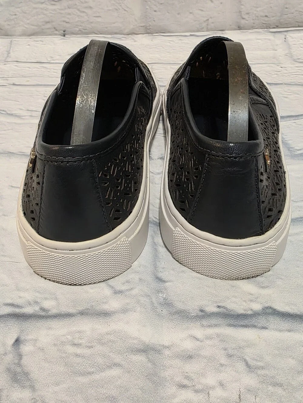 Tory Burch Navy Laser-Cut Slip-On Sneakers with White Sole